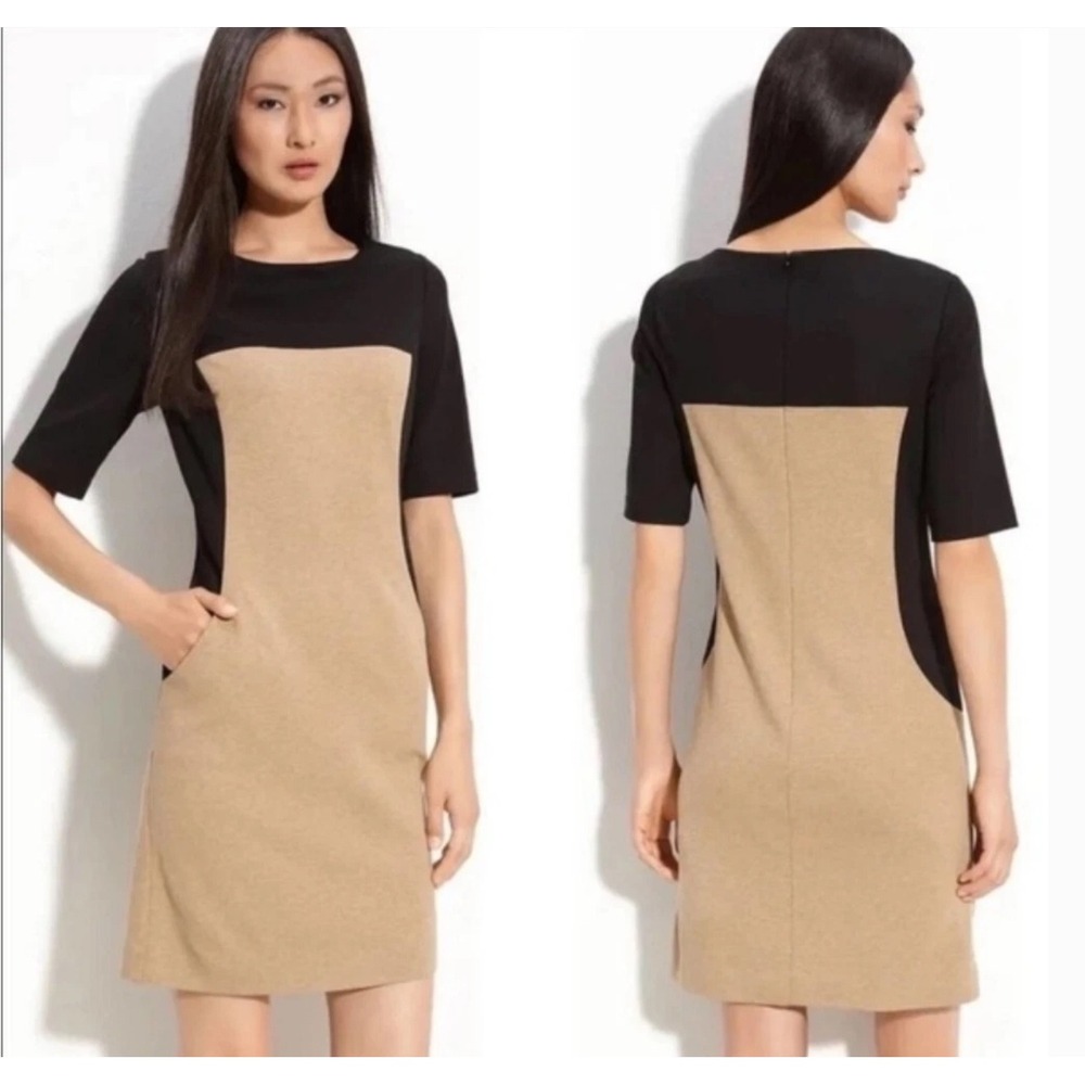 Trina Turk Bea Dress Black Camel Viscose Mini Dress Pockets Size 6 Office‎ $278